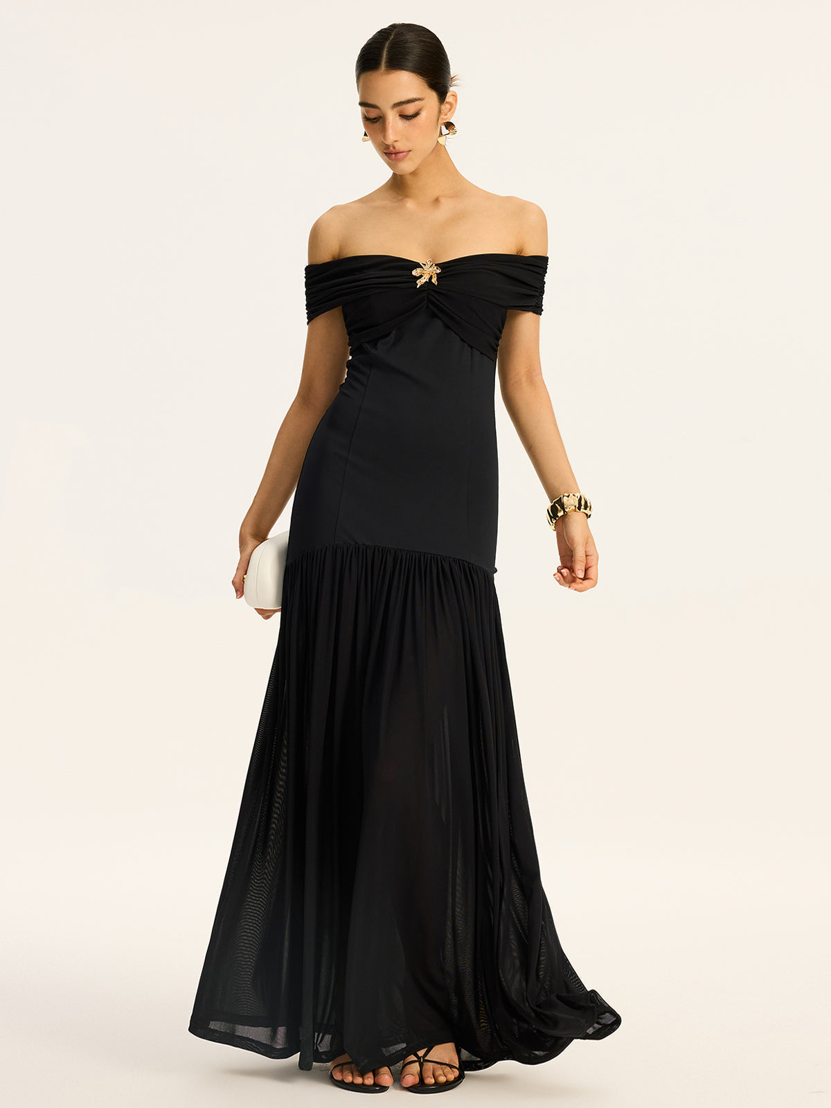 Black Semi-sheer Off Shoulder Ruched Mesh-paneled Maxi Dress 2