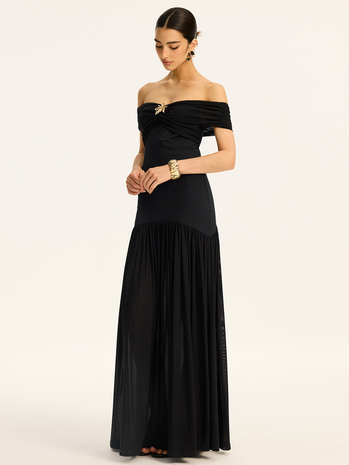 Black Semi-sheer Off Shoulder Ruched Mesh-paneled Maxi Dress 4