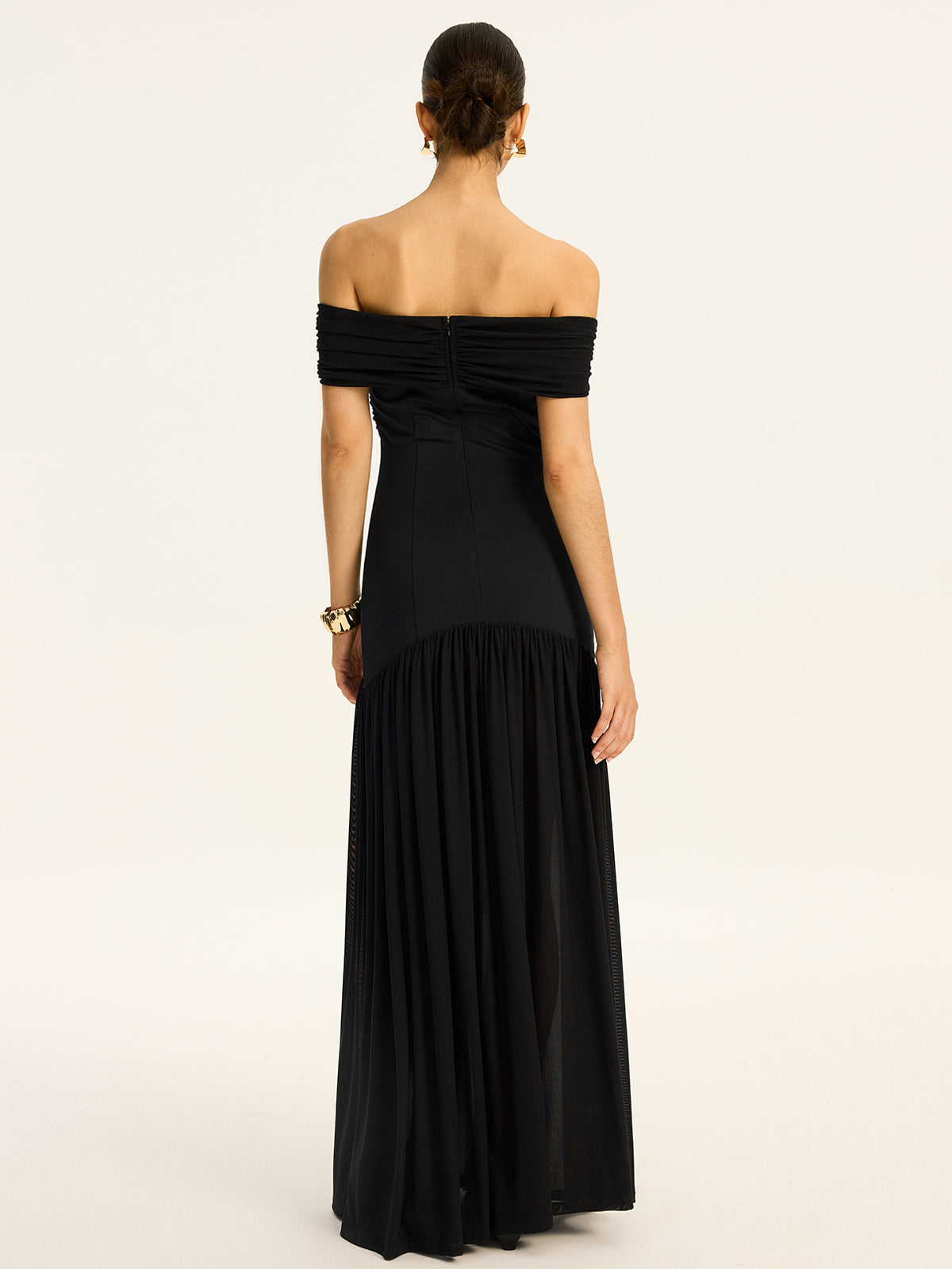 Black Semi-sheer Off Shoulder Ruched Mesh-paneled Maxi Dress 6