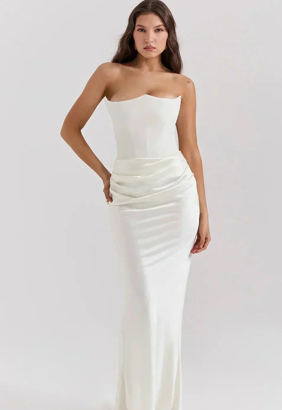 Strapless Pointed Neckline Hip Ruched Column Maxi Gown