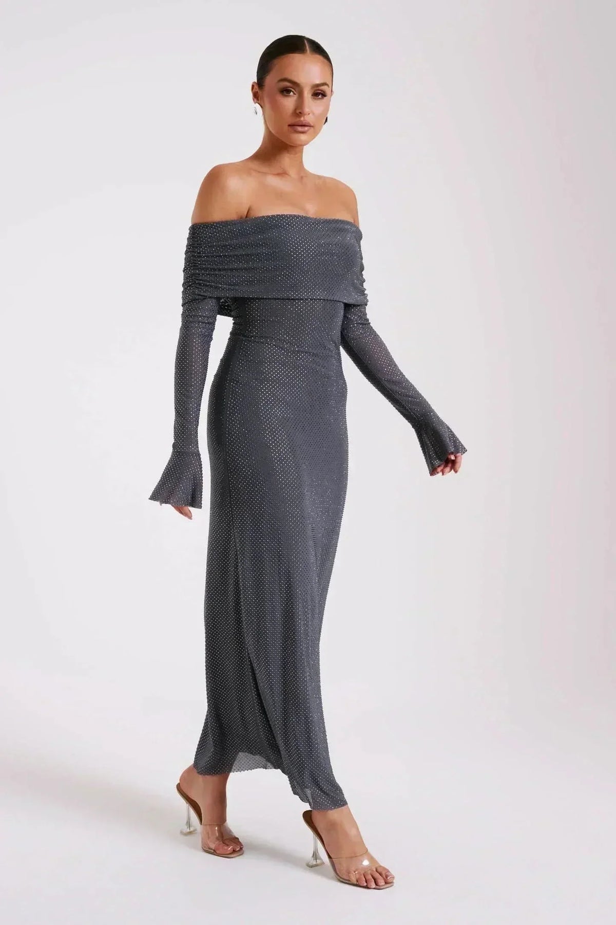 Off-Shoulder Fold-Over Bardot Bell Sleeve Shimmer Bodycon Maxi Dress 8