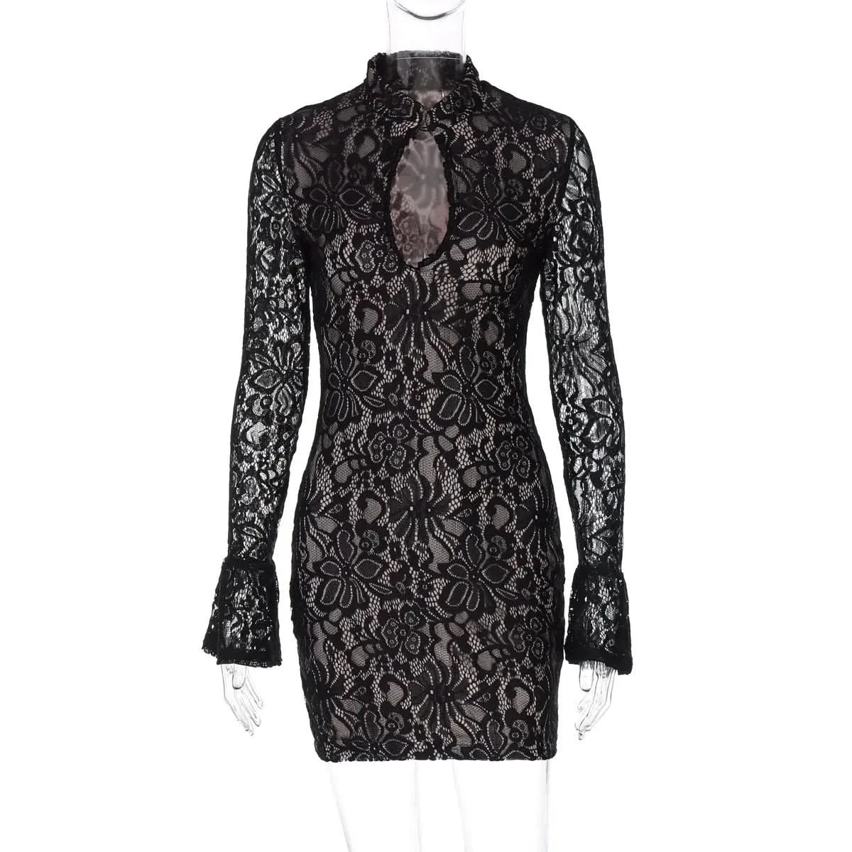 Mock Neck Keyhole Cutout Floral Lace Long Sleeve Bodycon Mini Dress 2