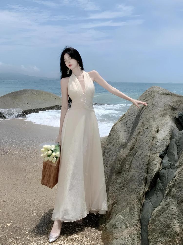 Halter Deep V-Neck Ruched Waist Chiffon Backless Maxi Dress