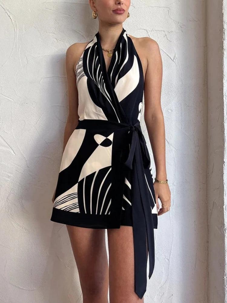 Abstract Print Halter Neck Plunging Wrap Front Tie Waist Romper