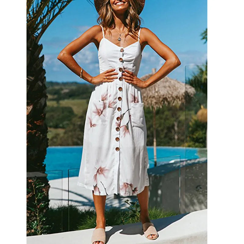 Tropical Print Spaghetti Strap Button Front Pocket Midi Dress 11