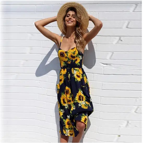 Tropical Print Spaghetti Strap Button Front Pocket Midi Dress 15