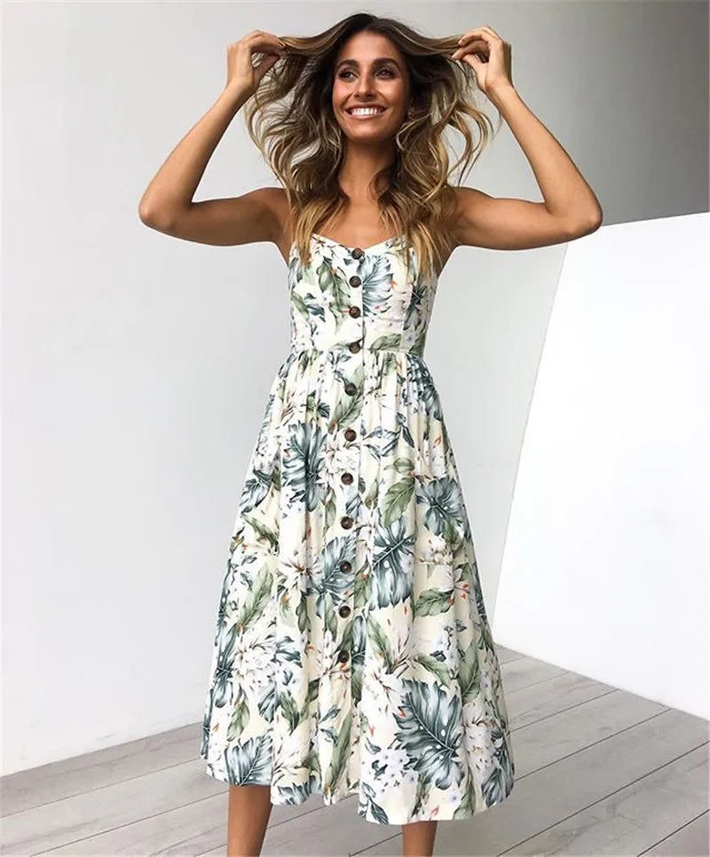 Tropical Print Spaghetti Strap Button Front Pocket Midi Dress 9