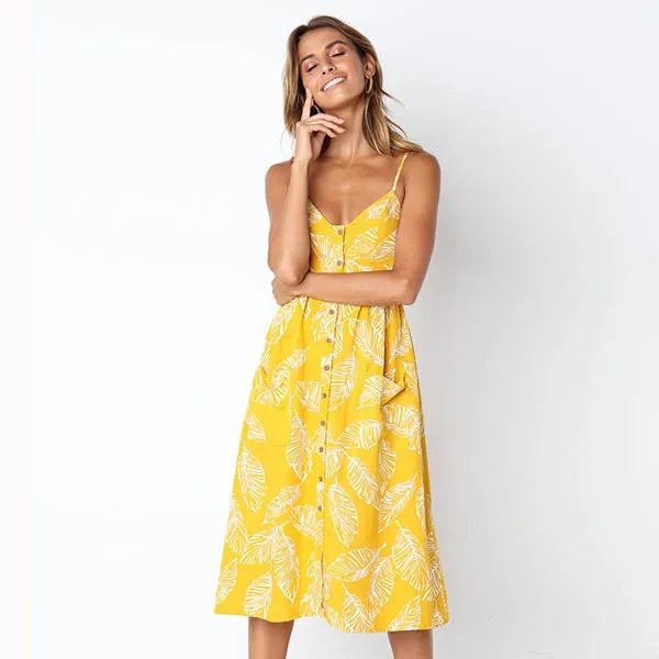 Tropical Print Spaghetti Strap Button Front Pocket Midi Dress 7