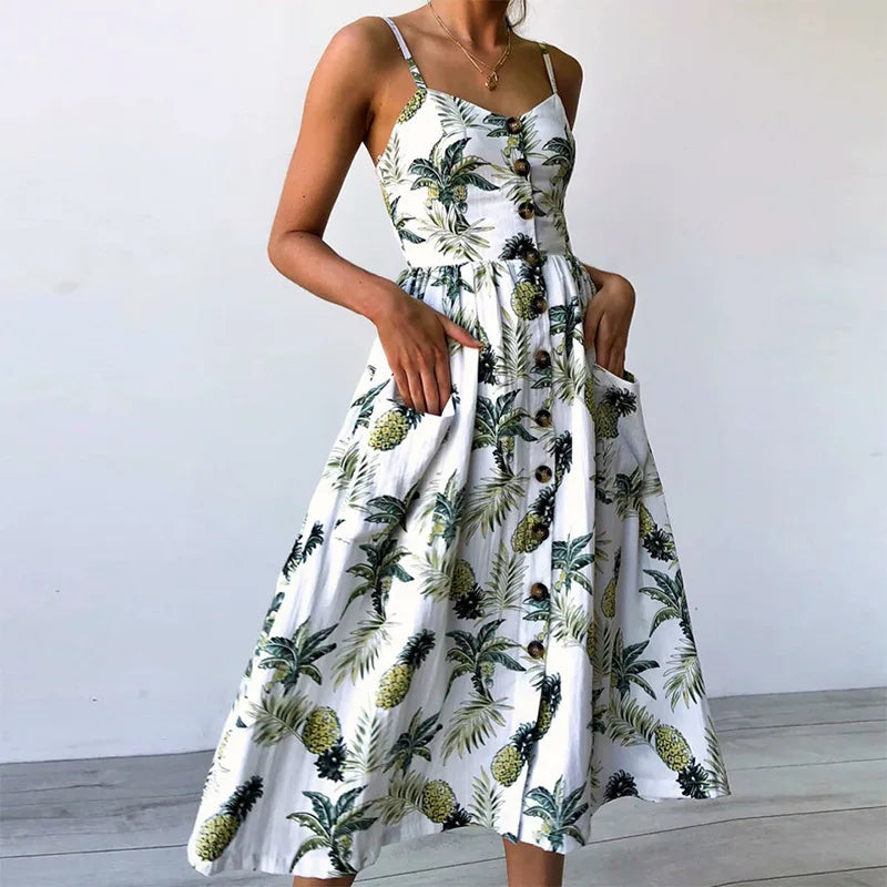 Tropical Print Spaghetti Strap Button Front Pocket Midi Dress 5