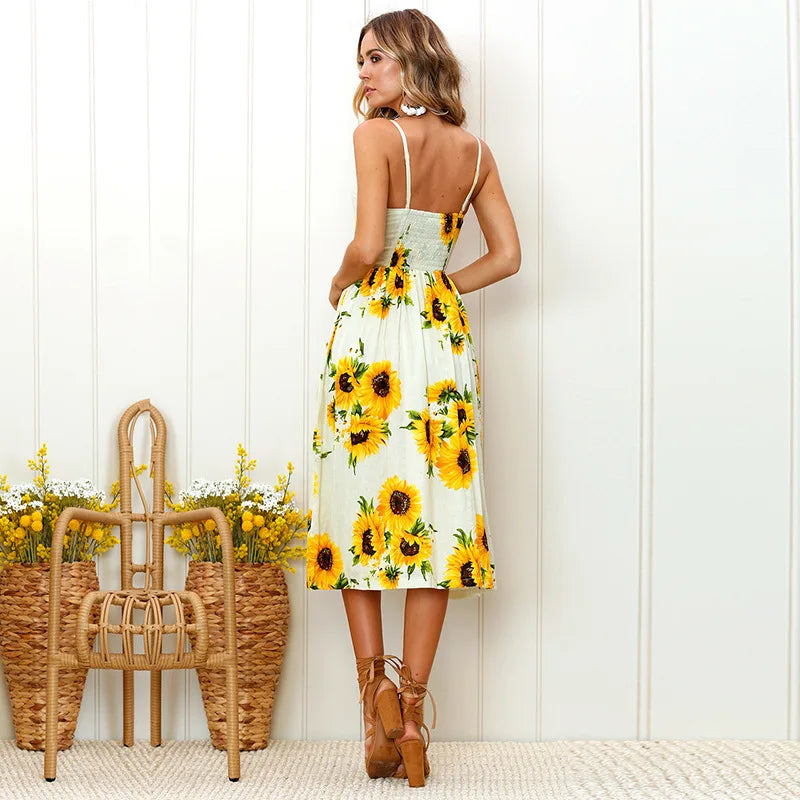 Tropical Print Spaghetti Strap Button Front Pocket Midi Dress 2