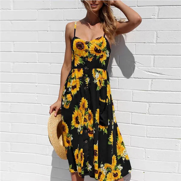 Tropical Print Spaghetti Strap Button Front Pocket Midi Dress 12