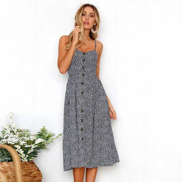 Tropical Print Spaghetti Strap Button Front Pocket Midi Dress 10