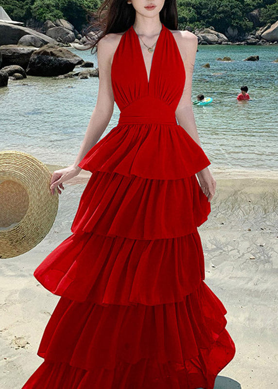 Halter Tie Neck Cinched Waist Multi Tier Ruffle Chiffon Maxi Dress