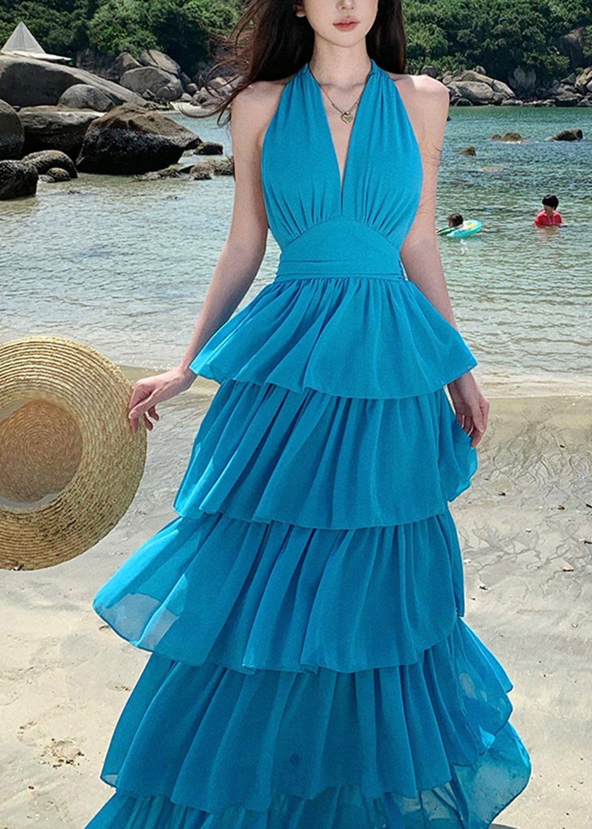 Halter Tie Neck Cinched Waist Multi Tier Ruffle Chiffon Maxi Dress 2