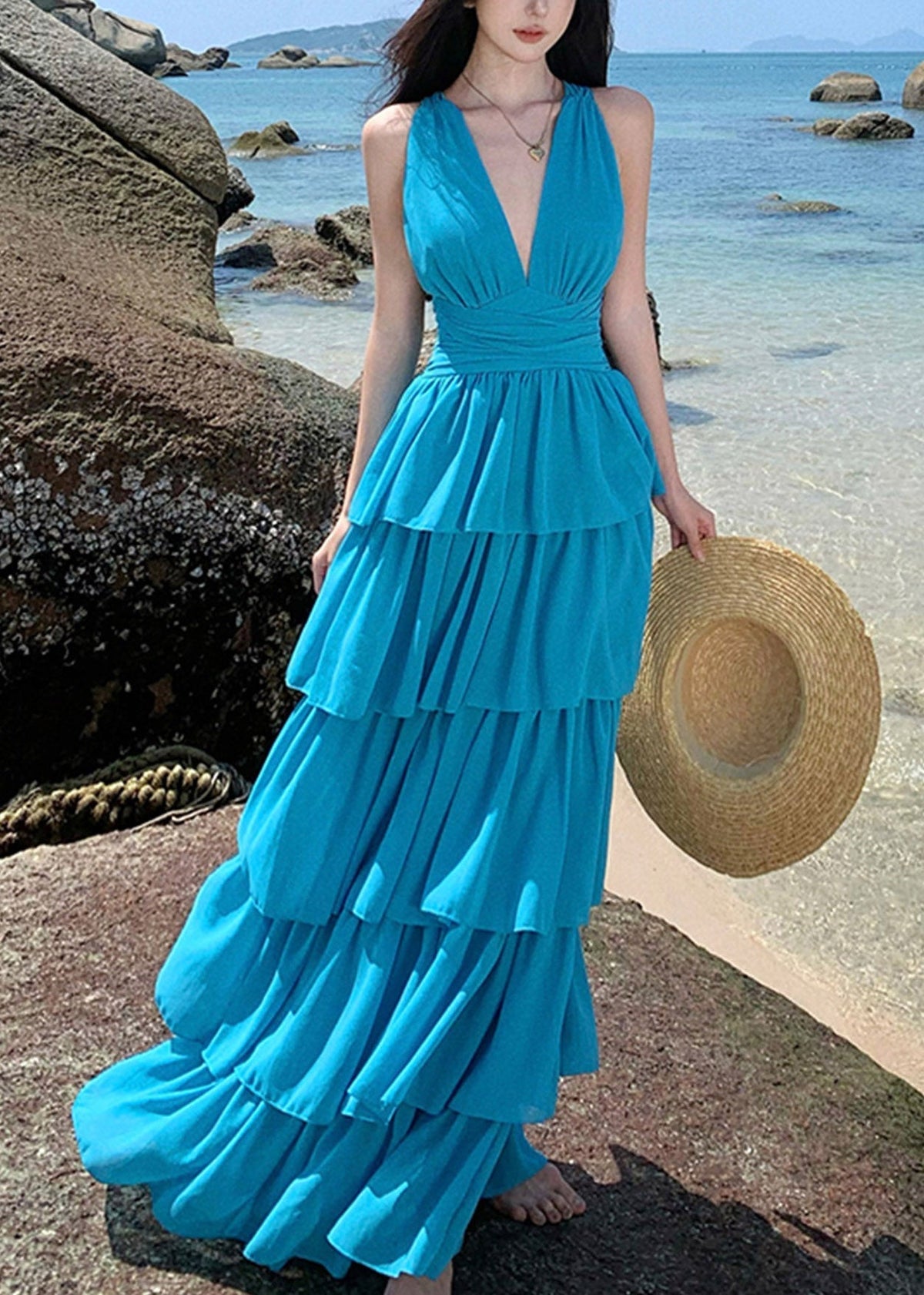 Halter Tie Neck Cinched Waist Multi Tier Ruffle Chiffon Maxi Dress 3
