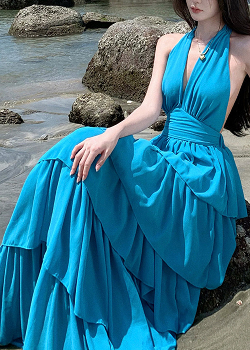 Halter Tie Neck Cinched Waist Multi Tier Ruffle Chiffon Maxi Dress 4