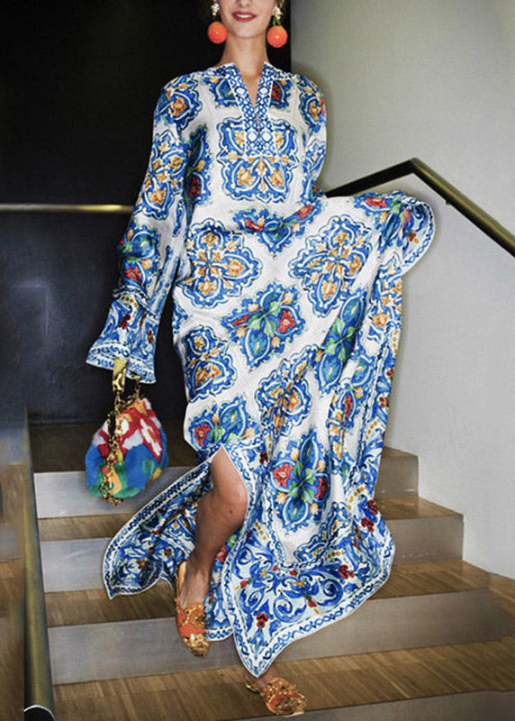 Notched V-Neck Bell Sleeve Majolica Tile Print Kaftan Maxi Dress 4
