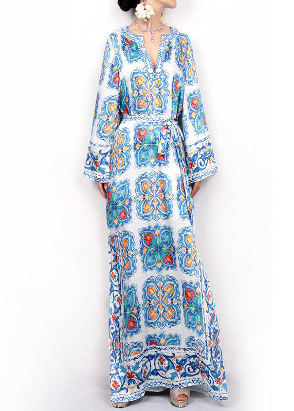 Notched V-Neck Bell Sleeve Majolica Tile Print Kaftan Maxi Dress 5