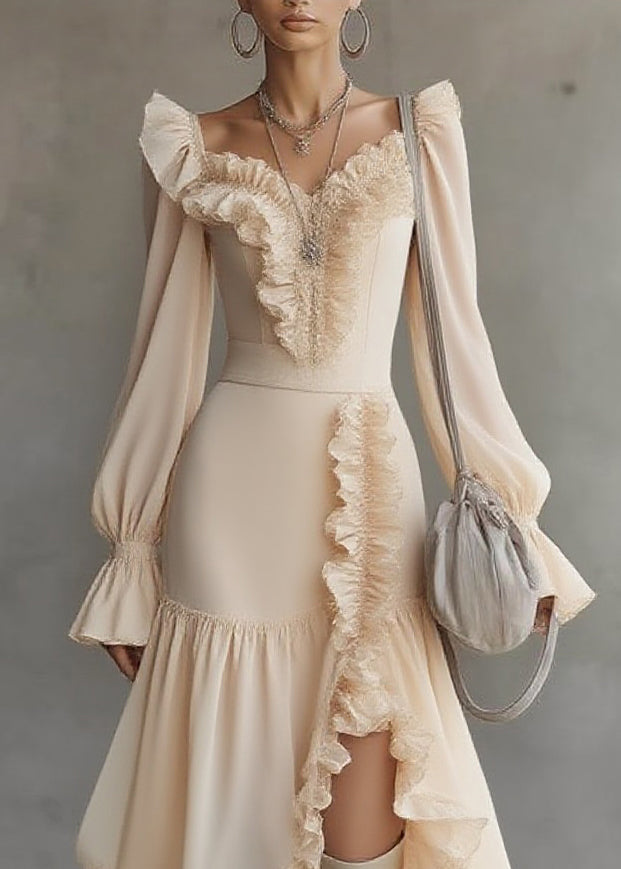 Ruffled Sweetheart Neck Bishop Sleeve Asymmetrical Tiered Ruffle Midi Dress 2