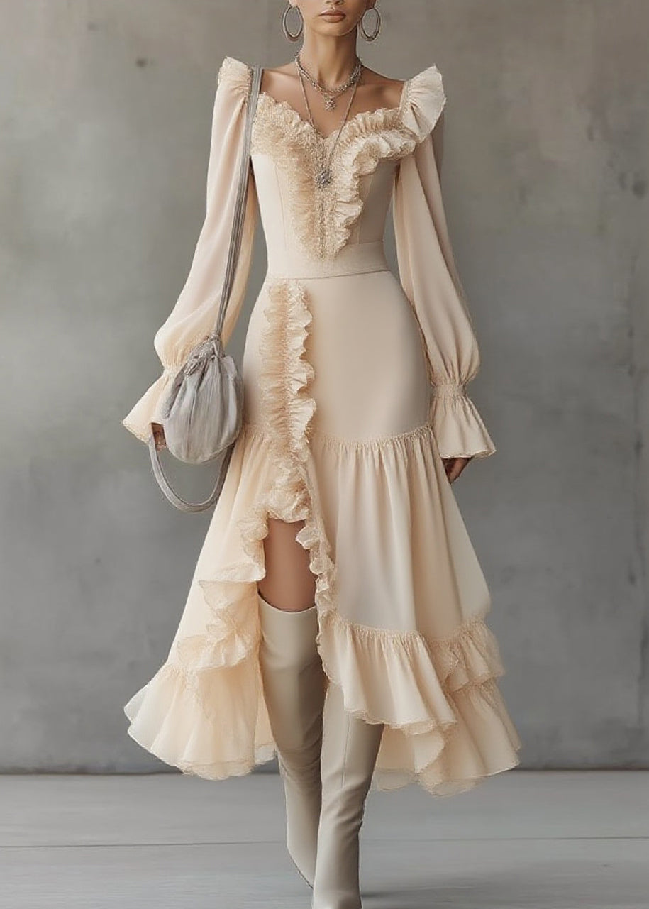 Ruffled Sweetheart Neck Bishop Sleeve Asymmetrical Tiered Ruffle Midi Dress 3