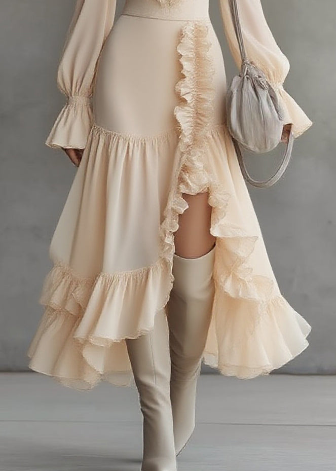 Ruffled Sweetheart Neck Bishop Sleeve Asymmetrical Tiered Ruffle Midi Dress 4