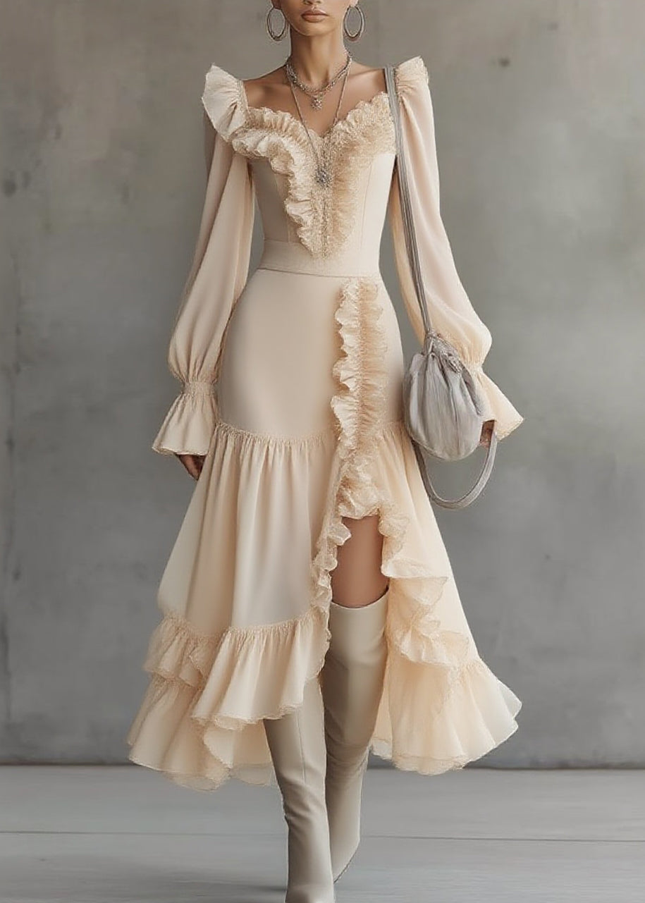 Ruffled Sweetheart Neck Bishop Sleeve Asymmetrical Tiered Ruffle Midi Dress 5
