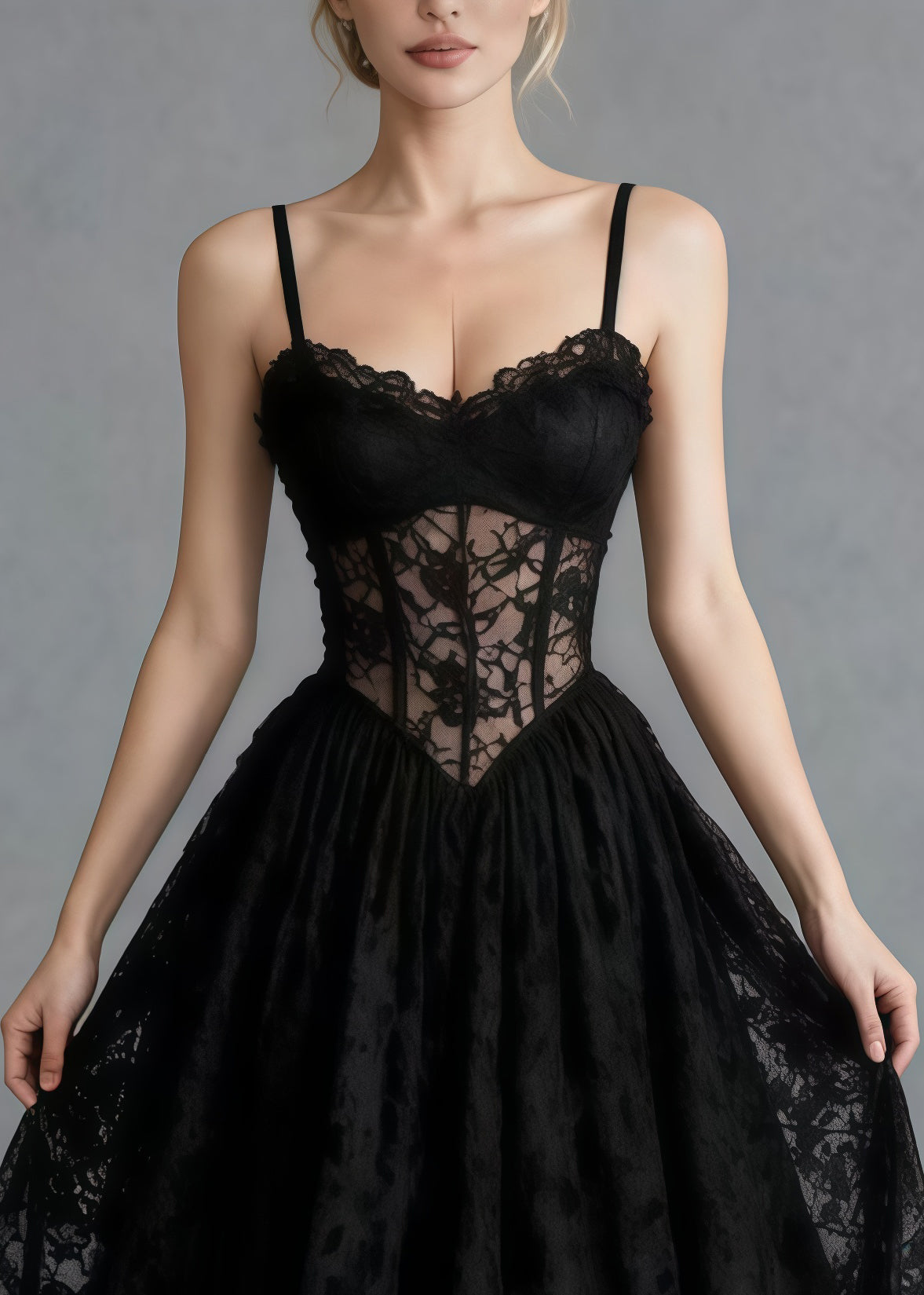 Sweetheart Corset Boning Floral Lace A Line Maxi Gown 2