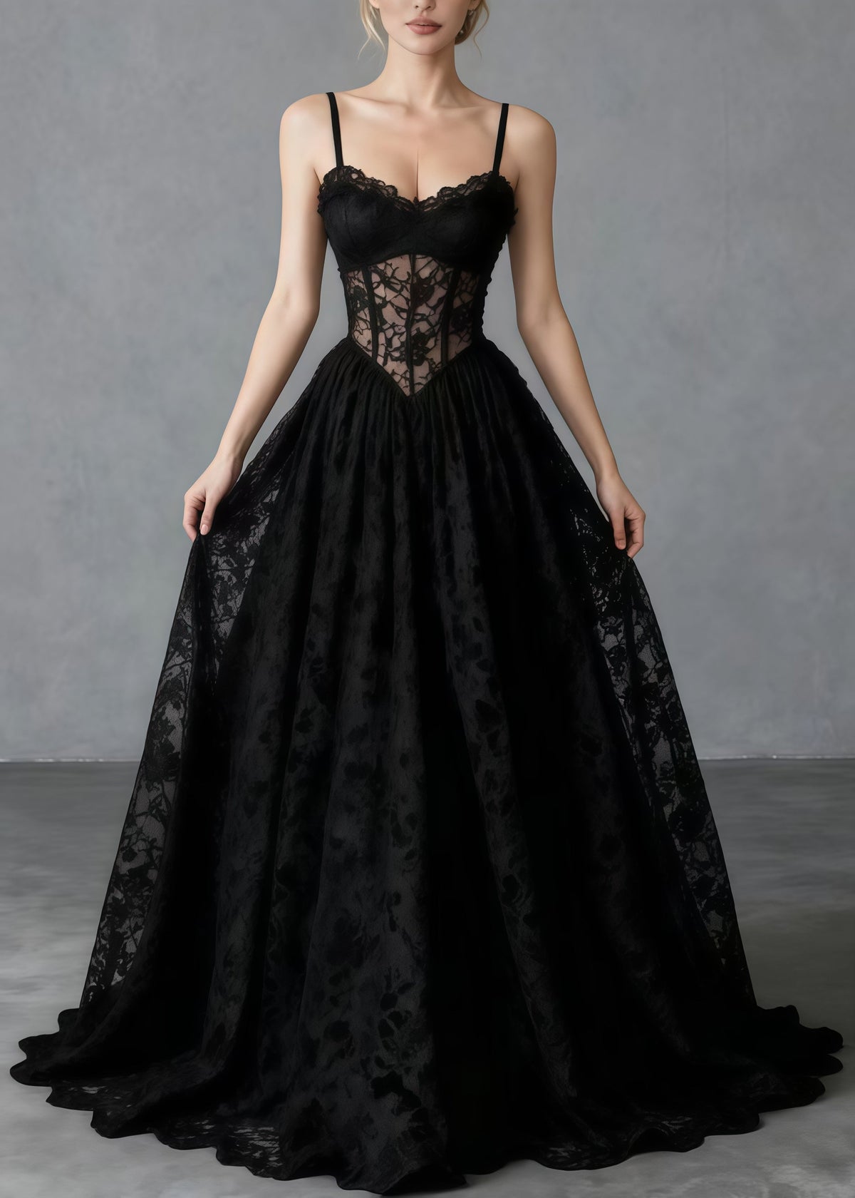 Sweetheart Corset Boning Floral Lace A Line Maxi Gown 3