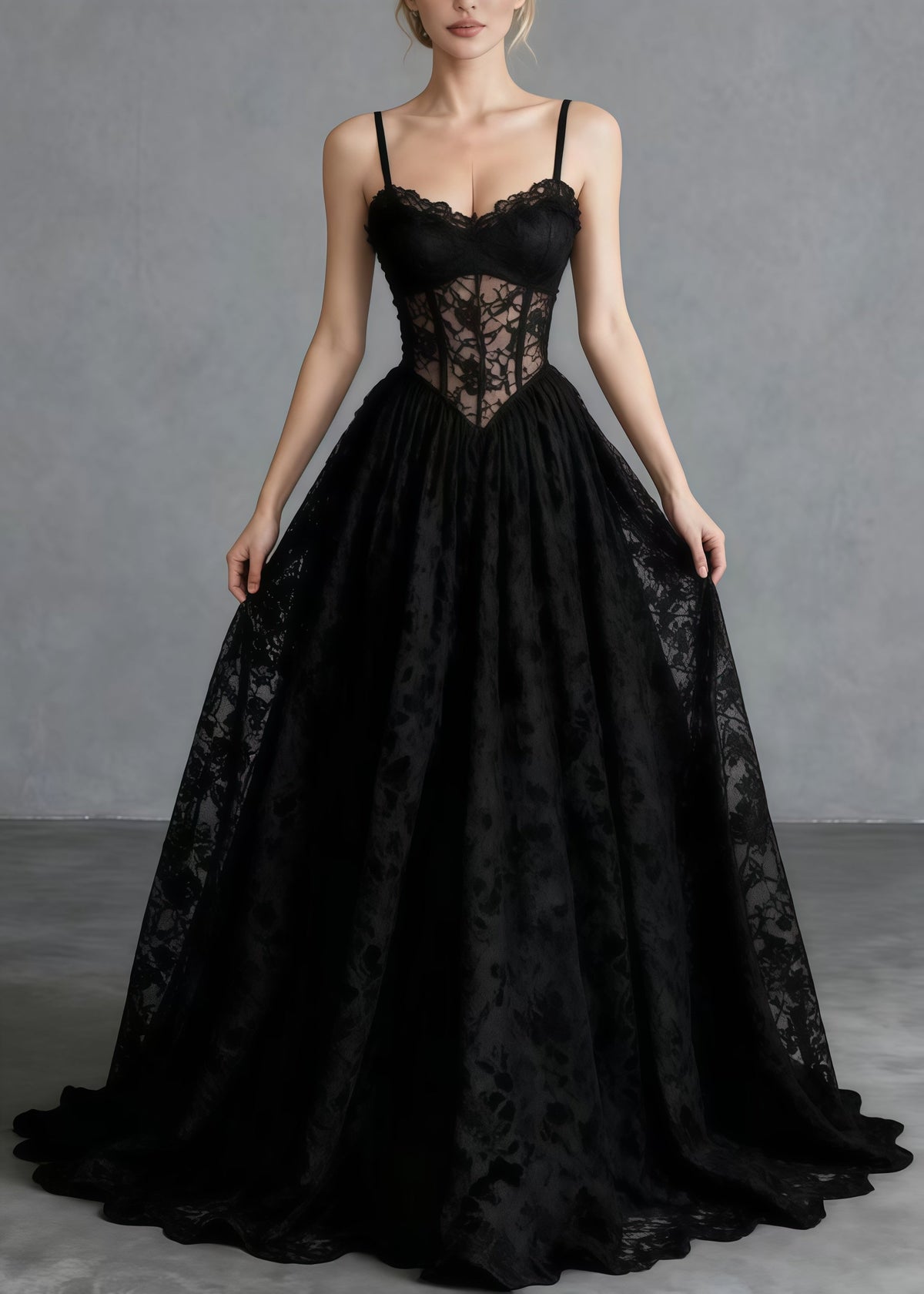 Sweetheart Corset Boning Floral Lace A Line Maxi Gown 5