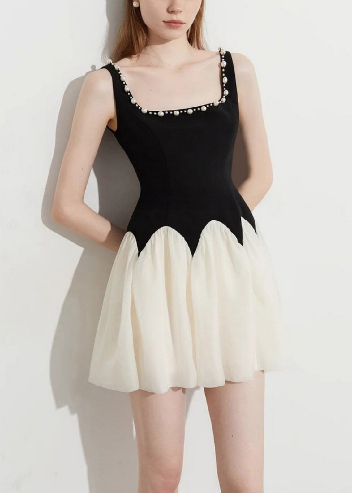 Square Neck Pearl Trim Scalloped Waist Pleated Tulle Skater Mini Dress 2