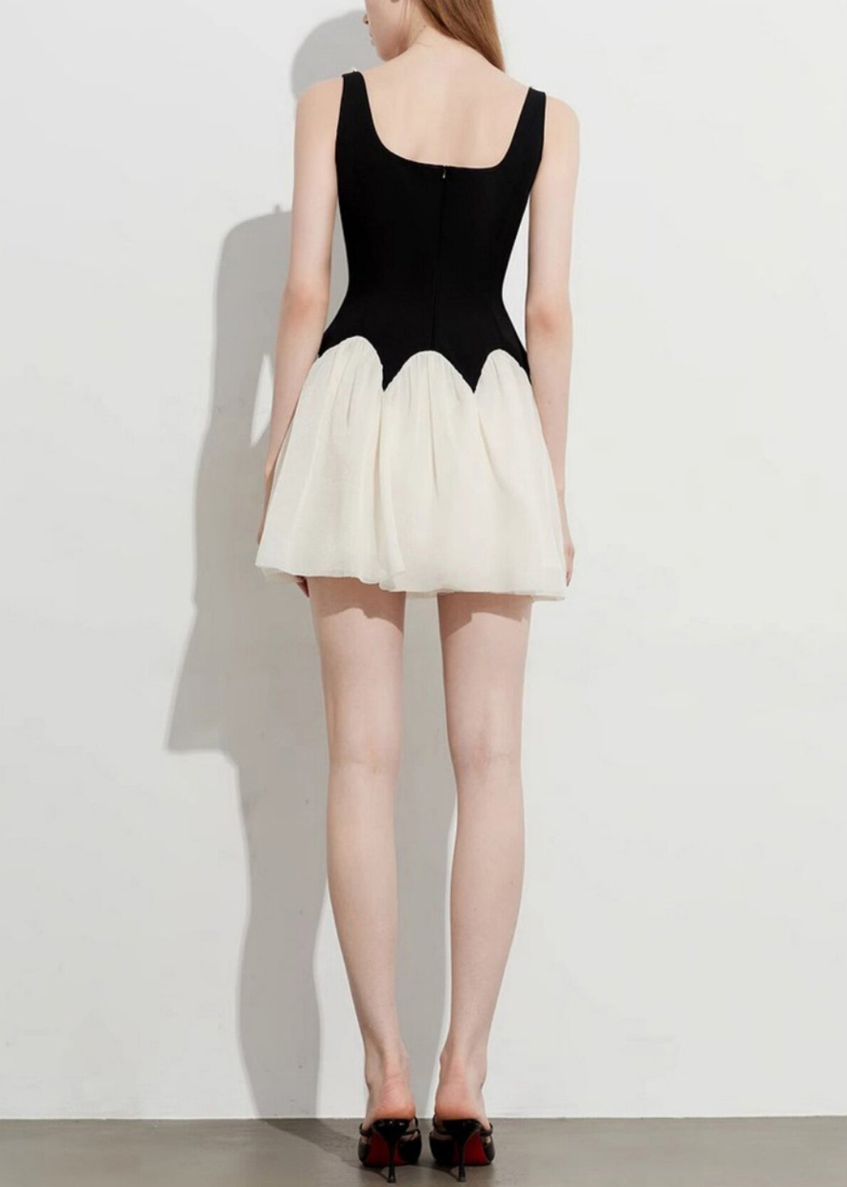 Square Neck Pearl Trim Scalloped Waist Pleated Tulle Skater Mini Dress 5