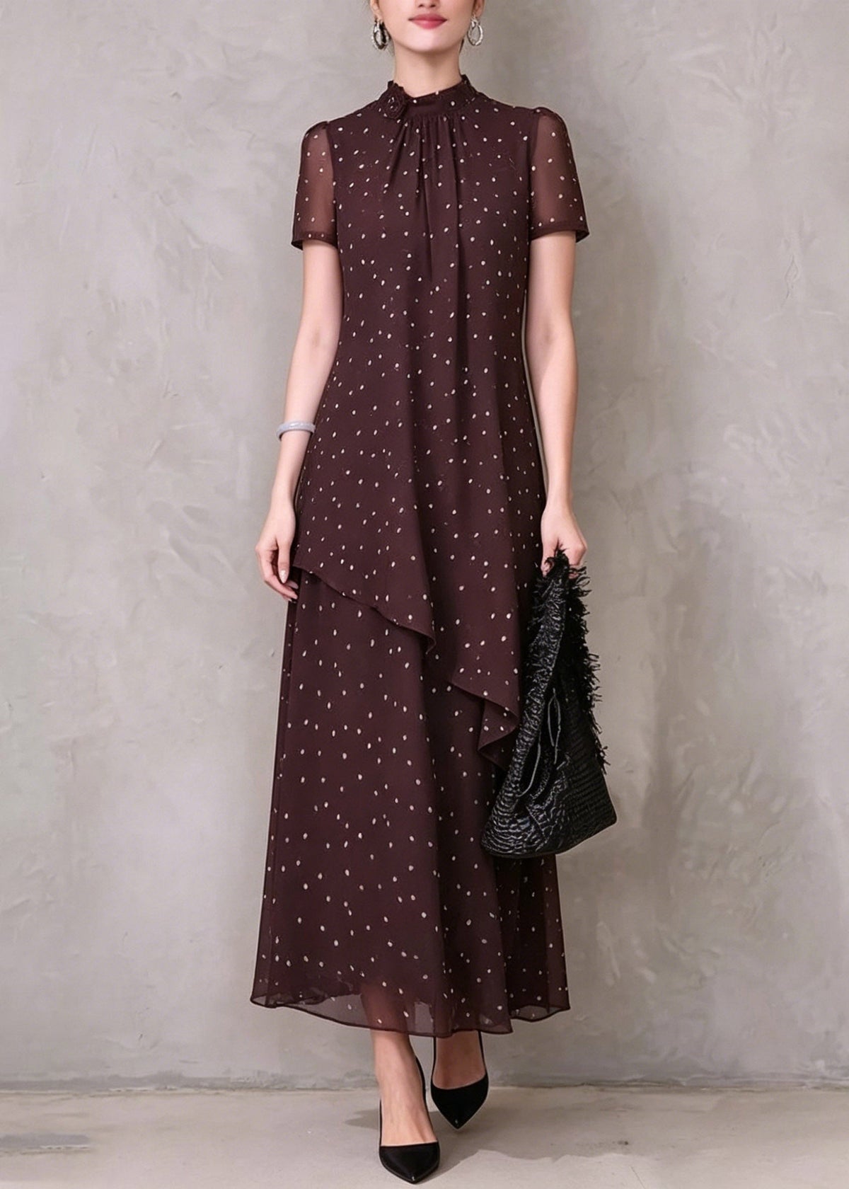 Mock Neck Polka Dot Asymmetric Layer Short Sleeve Maxi Dress 3