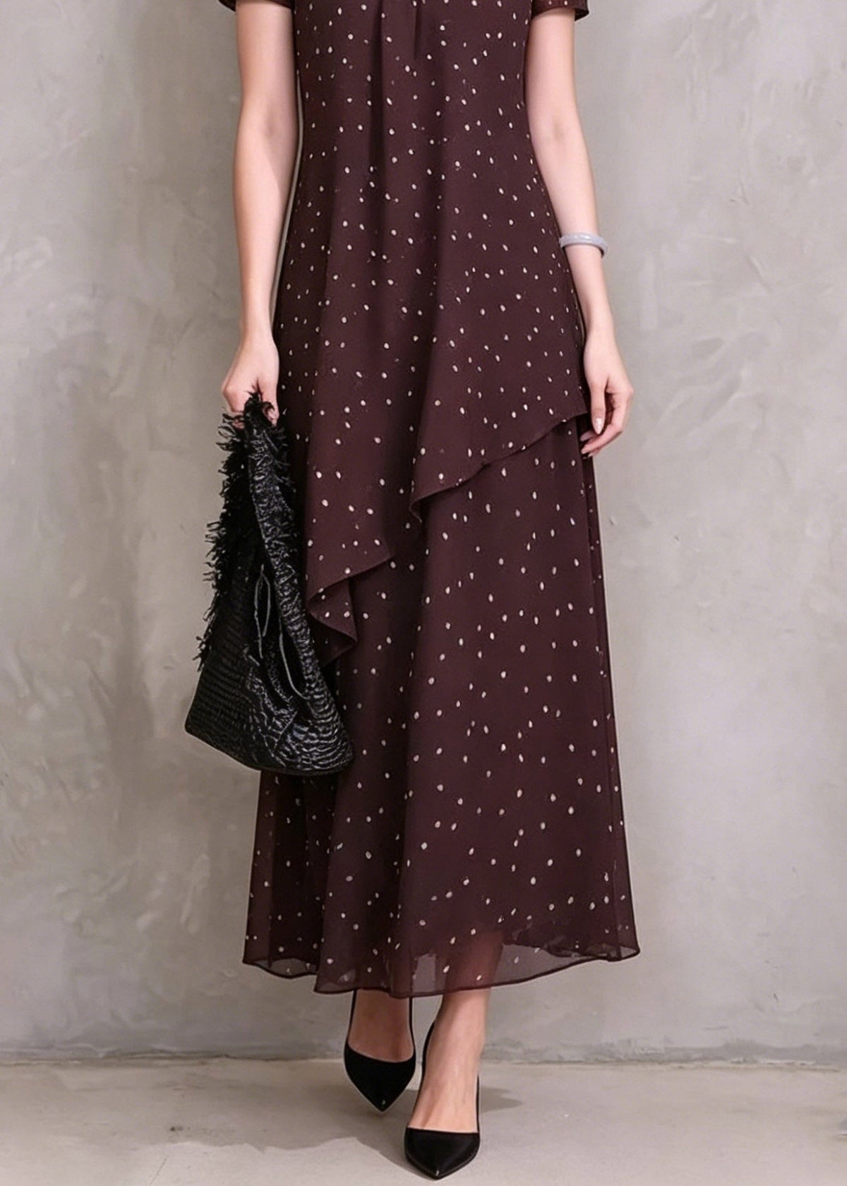 Mock Neck Polka Dot Asymmetric Layer Short Sleeve Maxi Dress 4