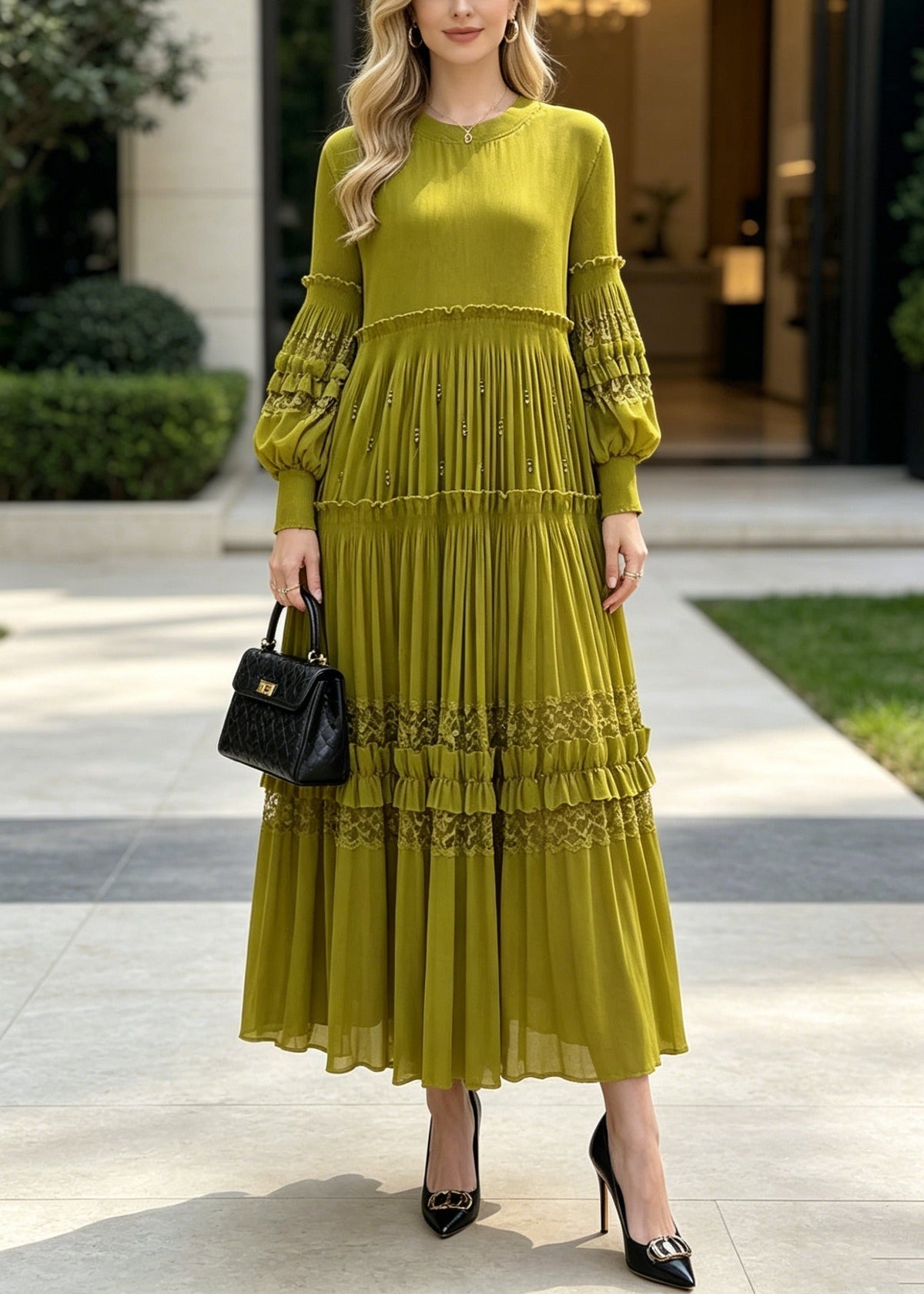 Round Neck Bishop Sleeve Lace Insert Tiered Pleated Beaded Maxi Dress