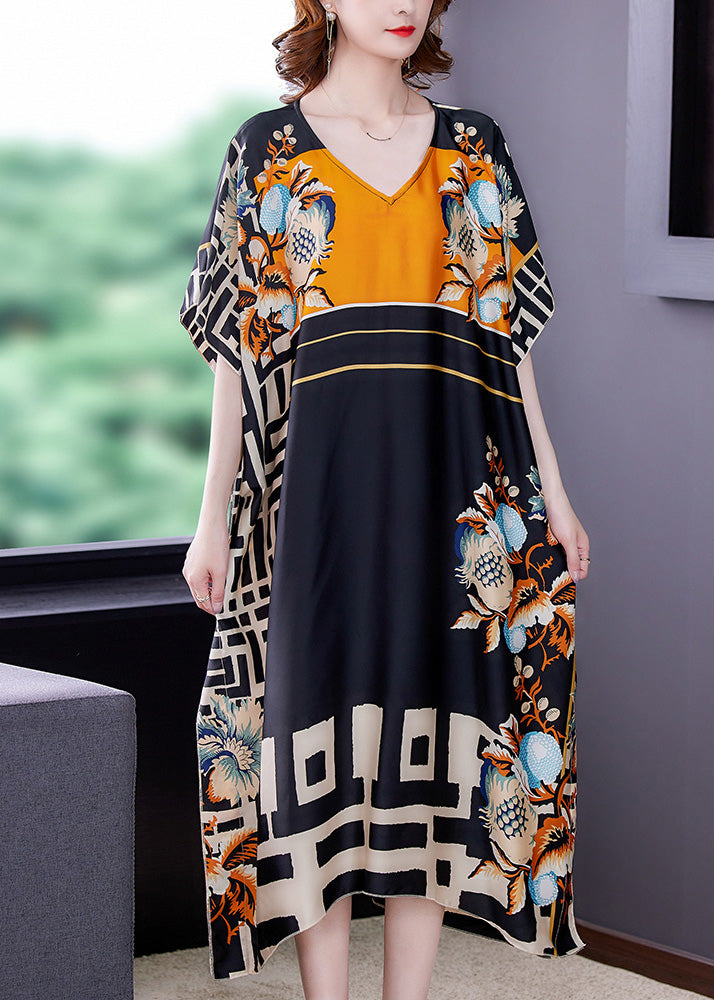 V-Neck Short Kaftan Sleeve Mixed Geometric Floral Print Oversized Maxi Dress 2