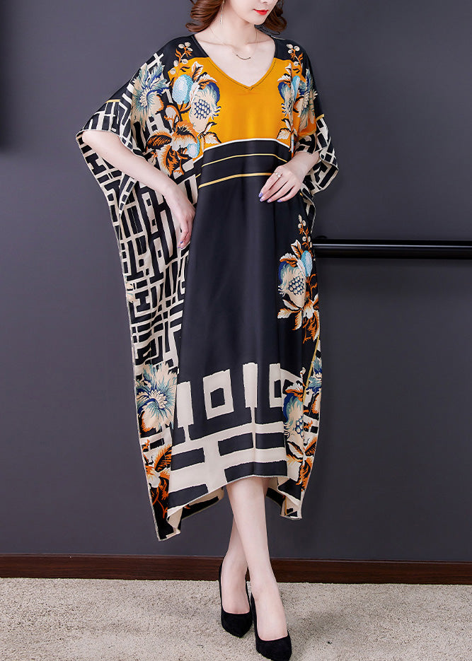 V-Neck Short Kaftan Sleeve Mixed Geometric Floral Print Oversized Maxi Dress 3