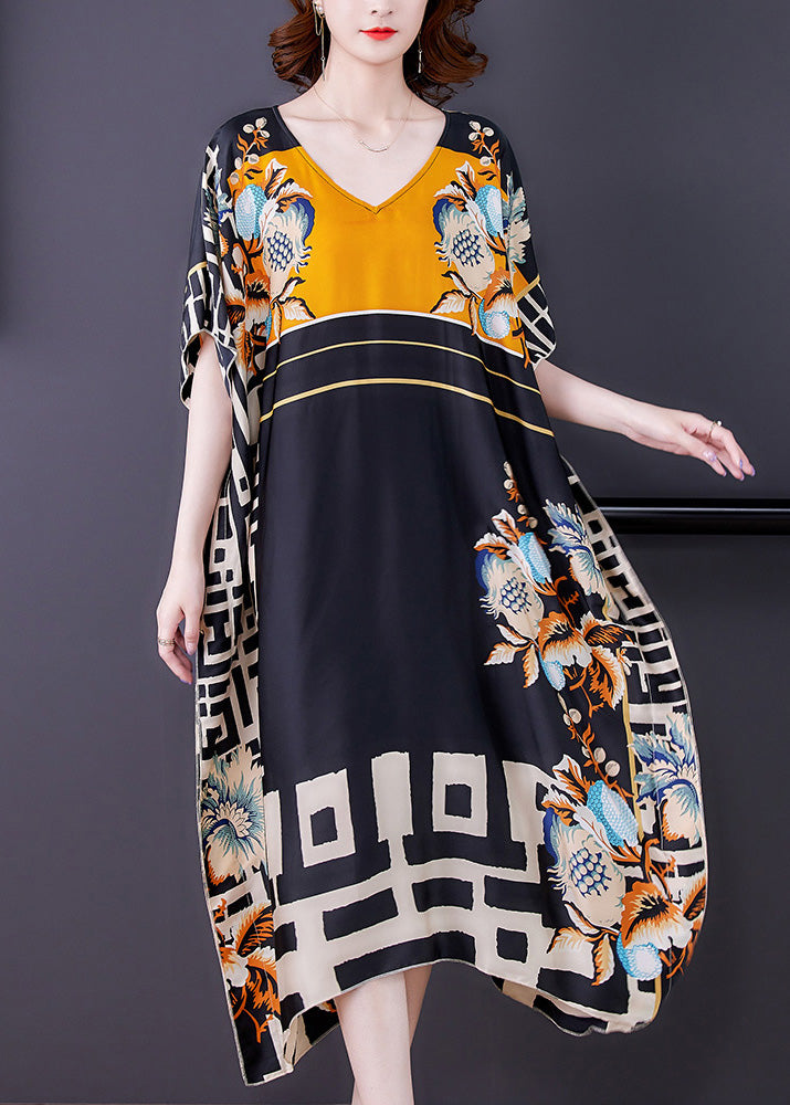 V-Neck Short Kaftan Sleeve Mixed Geometric Floral Print Oversized Maxi Dress 4