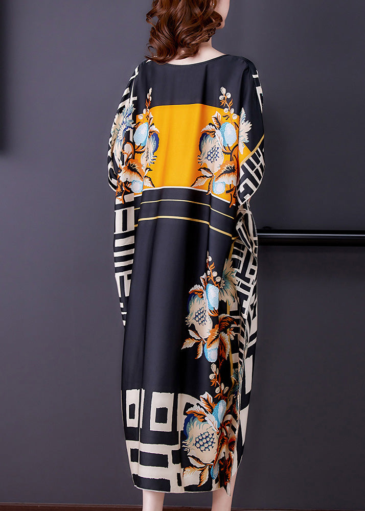V-Neck Short Kaftan Sleeve Mixed Geometric Floral Print Oversized Maxi Dress 5