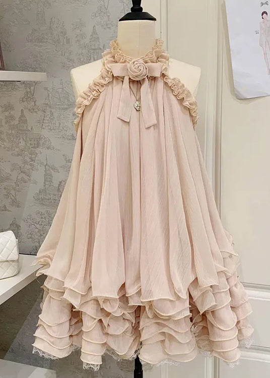 Ruffle Halter 3D Rosette Bow Tiered Pleated Babydoll Mini Dress