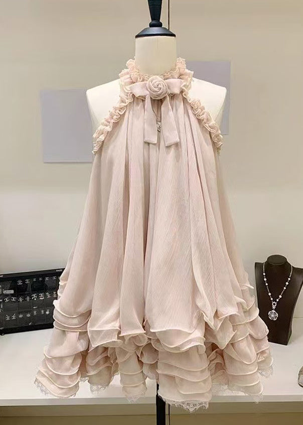 Ruffle Halter 3D Rosette Bow Tiered Pleated Babydoll Mini Dress 2