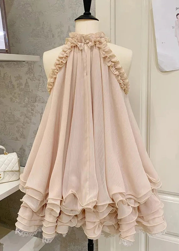 Ruffle Halter 3D Rosette Bow Tiered Pleated Babydoll Mini Dress 3
