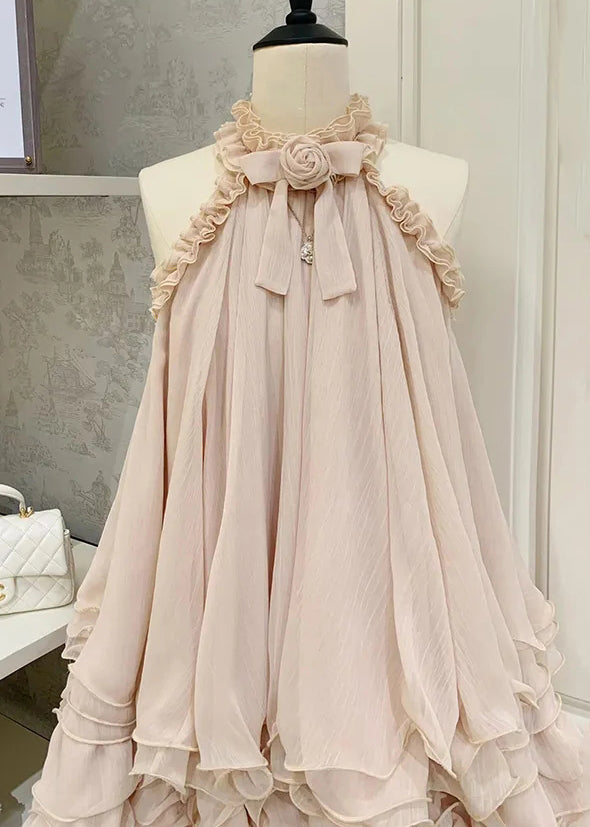 Ruffle Halter 3D Rosette Bow Tiered Pleated Babydoll Mini Dress 4