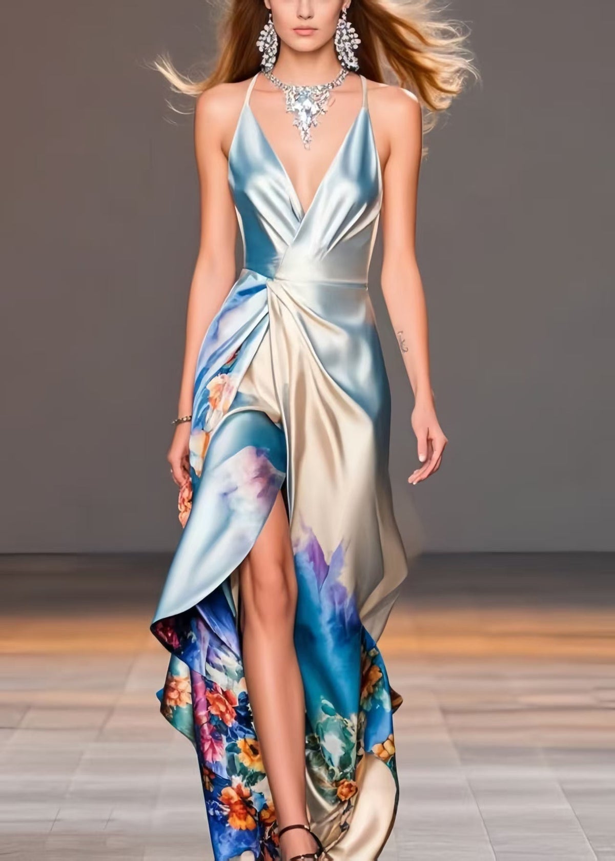 Deep V-Neck Spaghetti Strap Knot Waist Wrap High Slit Floral Print Gown 3