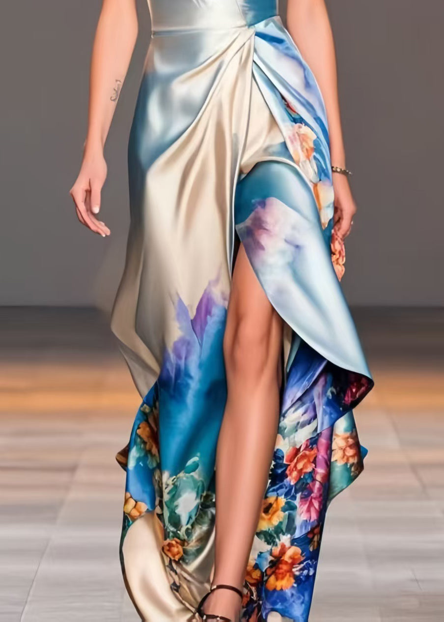 Deep V-Neck Spaghetti Strap Knot Waist Wrap High Slit Floral Print Gown 4