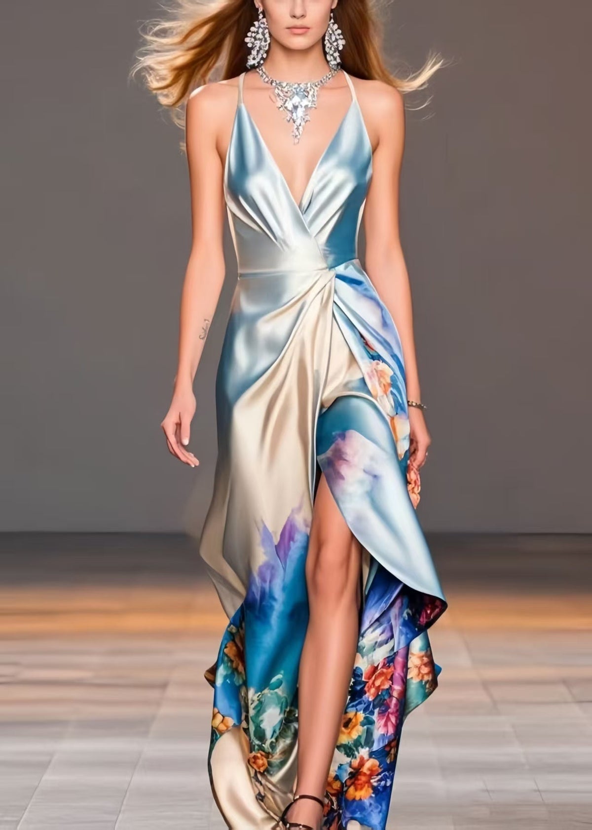 Deep V-Neck Spaghetti Strap Knot Waist Wrap High Slit Floral Print Gown 5
