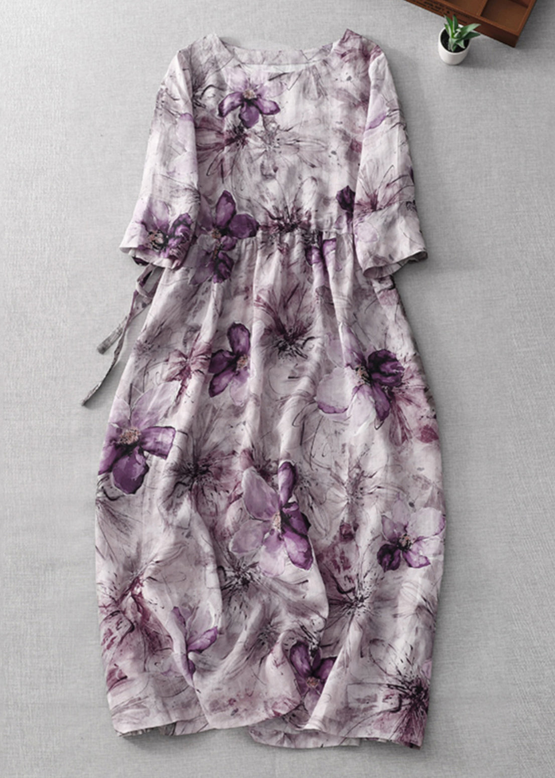 Round Neck Drawstring Waist Painterly Floral Midi Dress 2