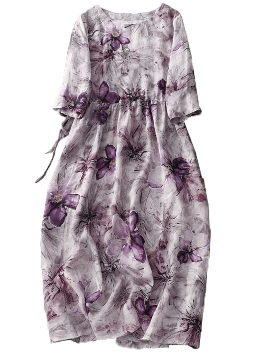 Round Neck Drawstring Waist Painterly Floral Midi Dress 5