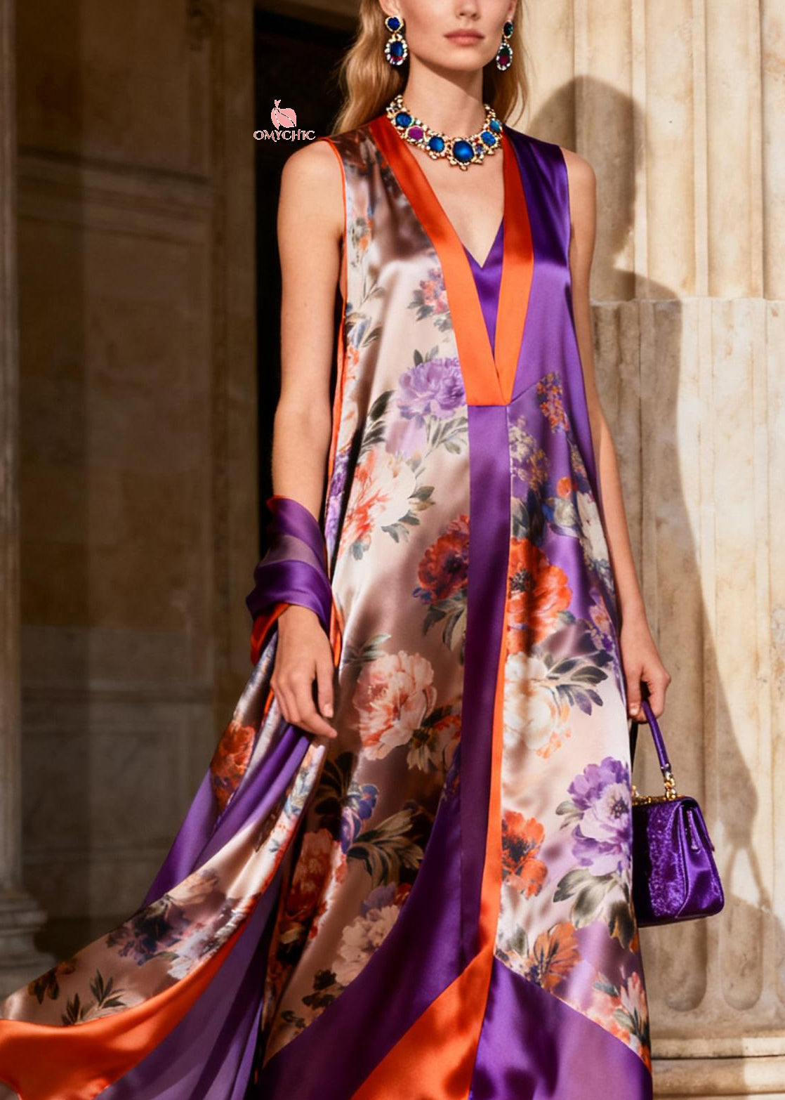 Deep V-Neck Paneled Floral Handkerchief Hem Maxi Dress 2