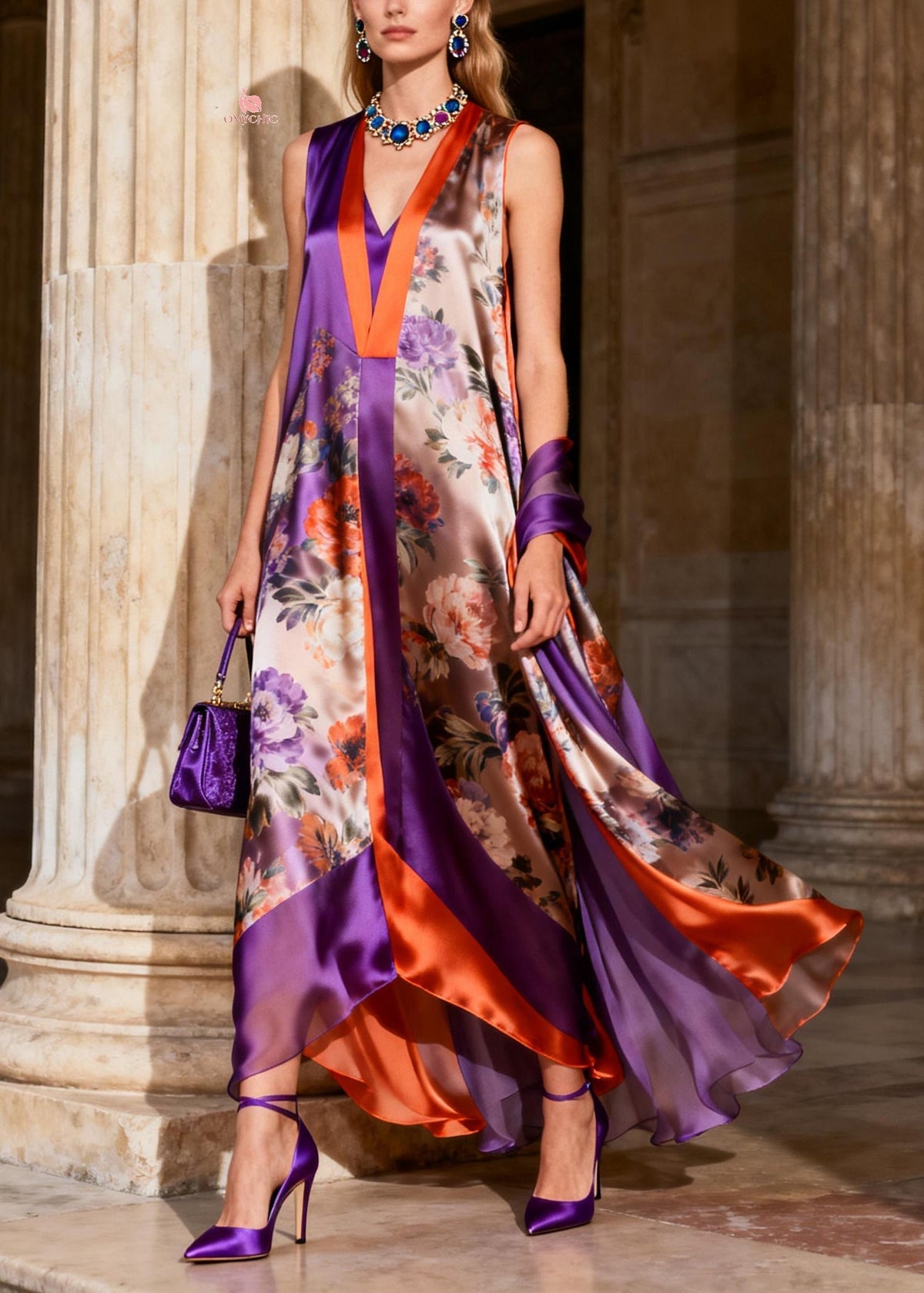 Deep V-Neck Paneled Floral Handkerchief Hem Maxi Dress 3