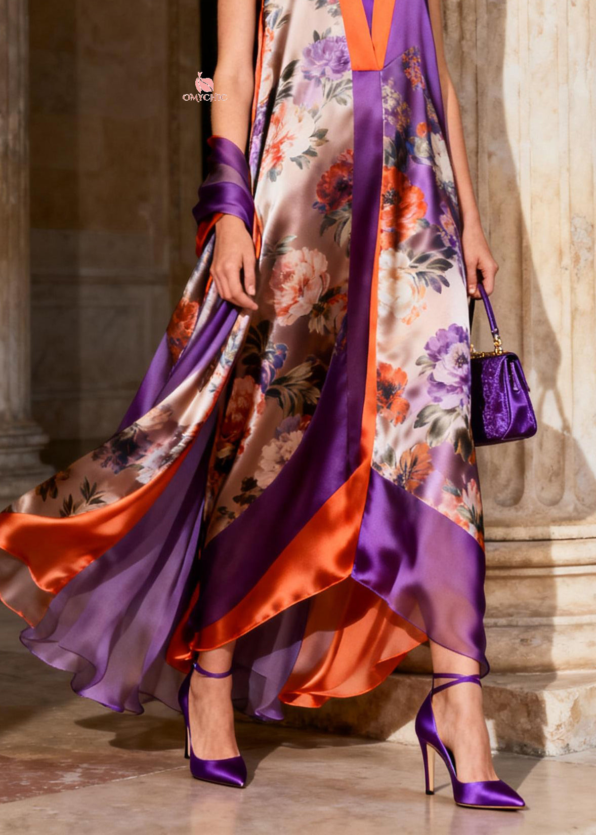 Deep V-Neck Paneled Floral Handkerchief Hem Maxi Dress 4